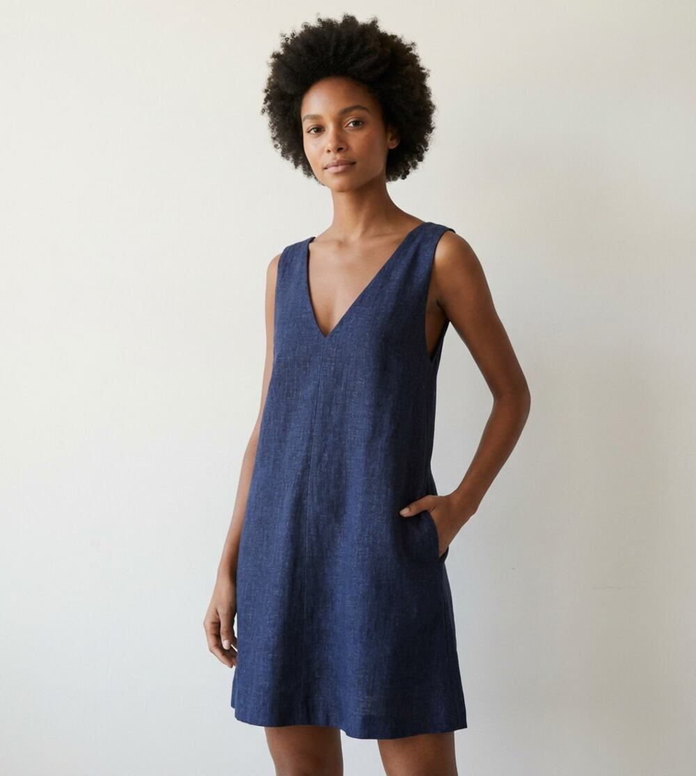 Theory Linen Dress Womens S Navy Sleeveless Deep V-neck Shift A-line Mini